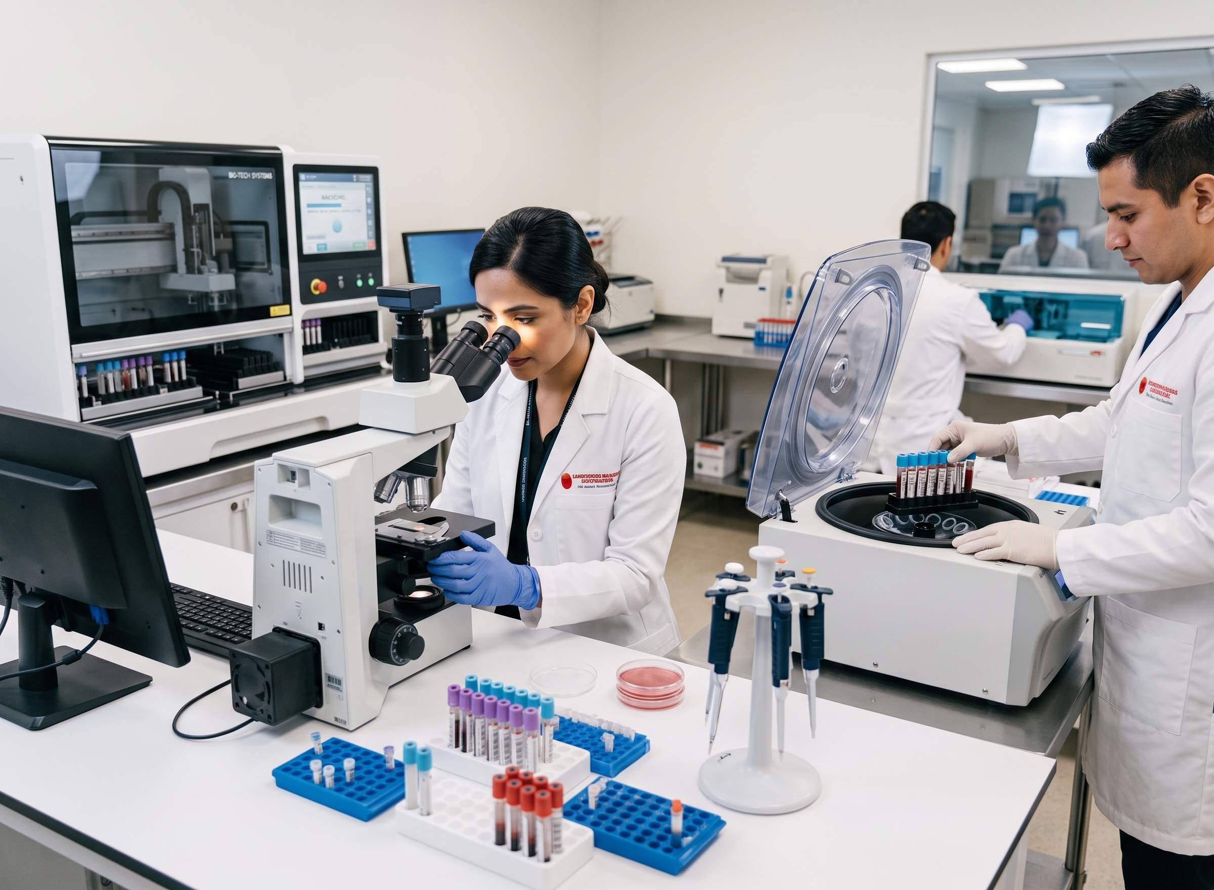 Técnicos de laboratorio realizando revisiones en microscopio e introduciendo muestras en centrífuga clínica