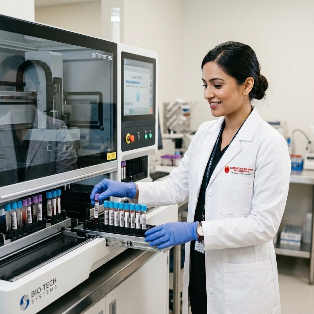 Laboratorista ingresando muestras en equipo biomédico automatizado